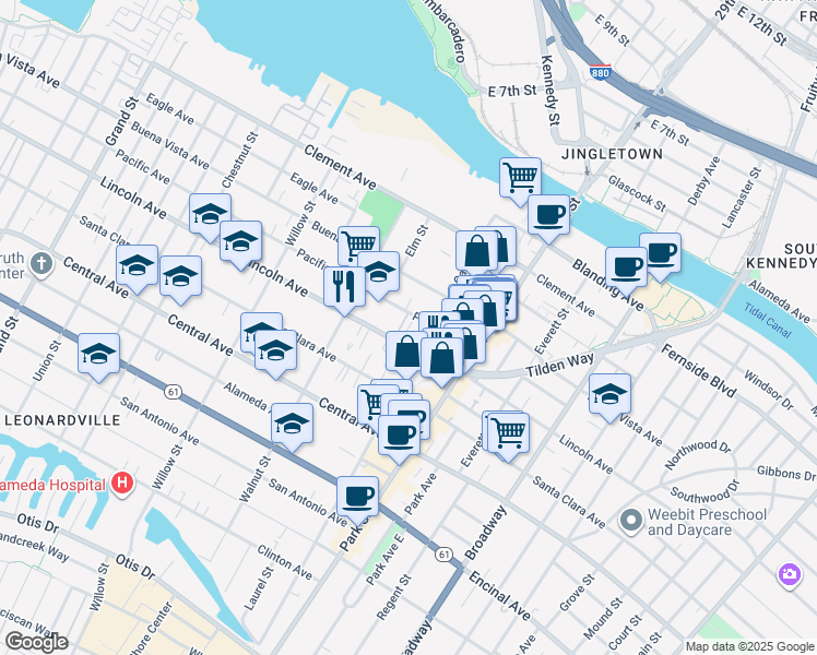 map of restaurants, bars, coffee shops, grocery stores, and more near 2255 Pacific Avenue in Alameda