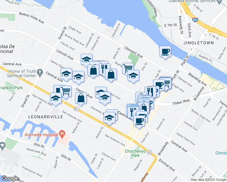 map of restaurants, bars, coffee shops, grocery stores, and more near 2136 Lincoln Avenue in Alameda