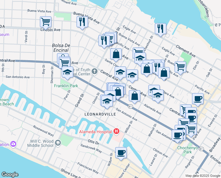 map of restaurants, bars, coffee shops, grocery stores, and more near 1831 Alameda Avenue in Alameda