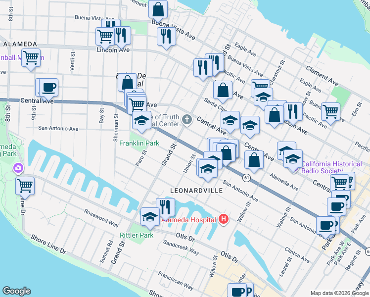 map of restaurants, bars, coffee shops, grocery stores, and more near 1711 Encinal Avenue in Alameda