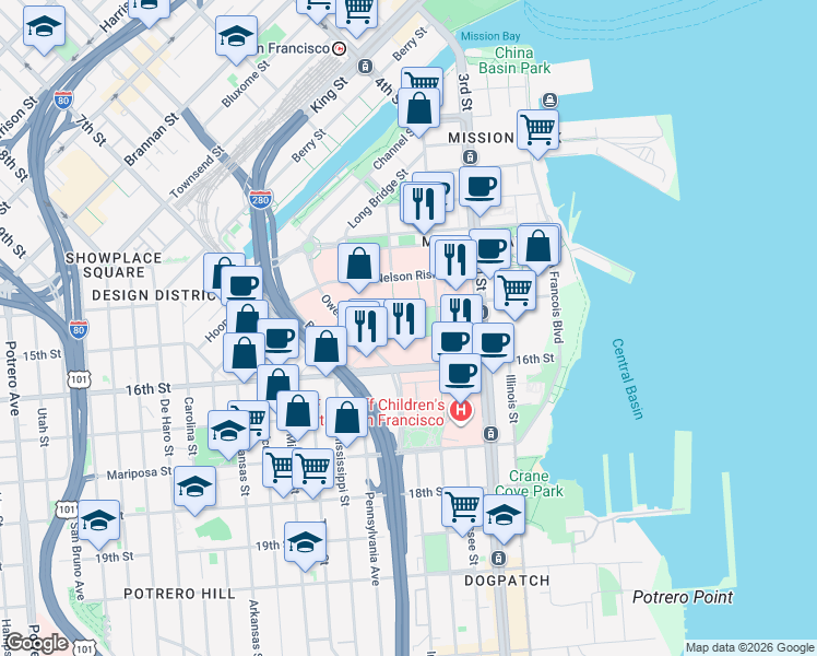 map of restaurants, bars, coffee shops, grocery stores, and more near 1675 Owens Street in San Francisco