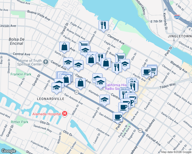 map of restaurants, bars, coffee shops, grocery stores, and more near 2110 Santa Clara Avenue in Alameda