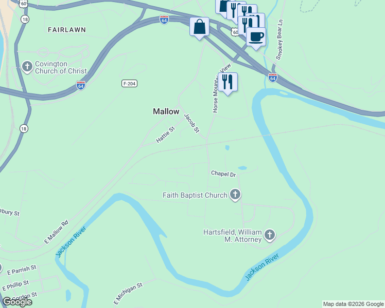 map of restaurants, bars, coffee shops, grocery stores, and more near 204 Paynes Grade in Covington