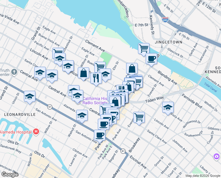 map of restaurants, bars, coffee shops, grocery stores, and more near 1611 Lea Court in Alameda