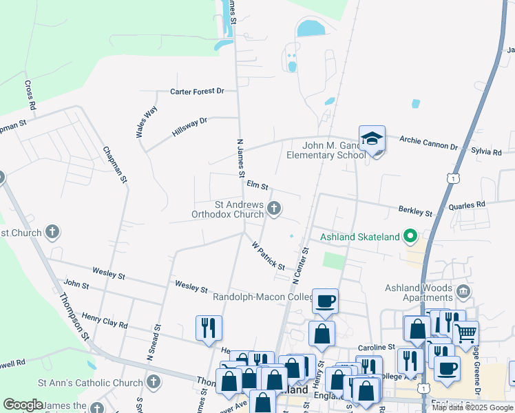 map of restaurants, bars, coffee shops, grocery stores, and more near 202 Linden Street in Ashland
