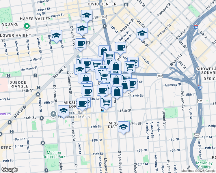map of restaurants, bars, coffee shops, grocery stores, and more near 280 14th Street in San Francisco
