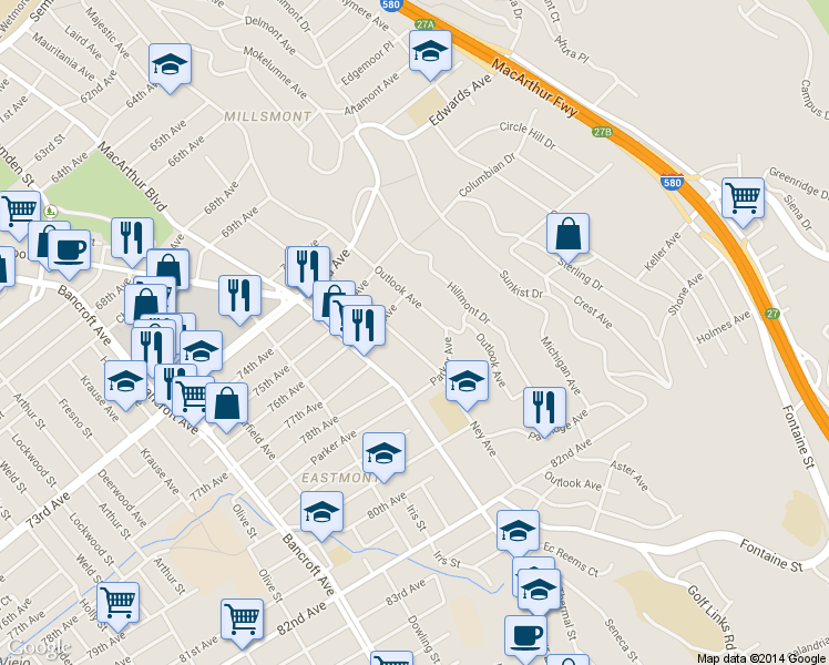 map of restaurants, bars, coffee shops, grocery stores, and more near 7641 Outlook Avenue in Oakland