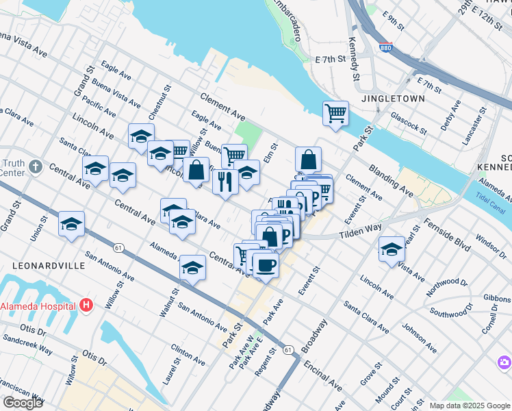 map of restaurants, bars, coffee shops, grocery stores, and more near 2218 Pacific Avenue in Alameda