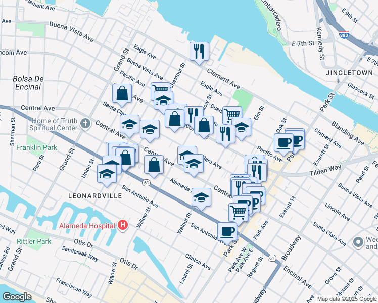 map of restaurants, bars, coffee shops, grocery stores, and more near 2109 Santa Clara Avenue in Alameda