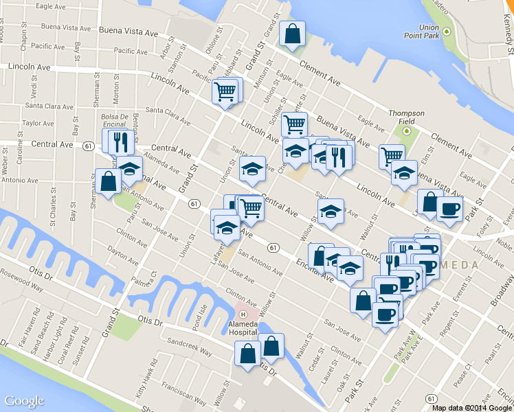 map of restaurants, bars, coffee shops, grocery stores, and more near 1912 Central Avenue in Alameda