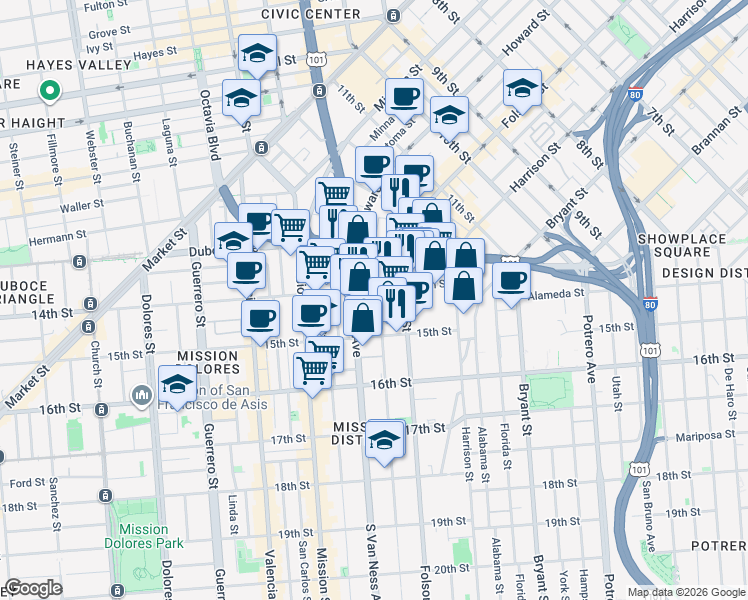 map of restaurants, bars, coffee shops, grocery stores, and more near 140 14th Street in San Francisco