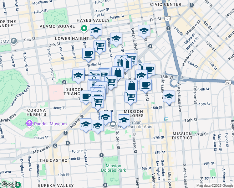 map of restaurants, bars, coffee shops, grocery stores, and more near 101 Dolores Street in San Francisco