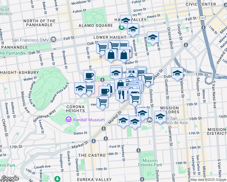 map of restaurants, bars, coffee shops, grocery stores, and more near 44 Sanchez Street in San Francisco