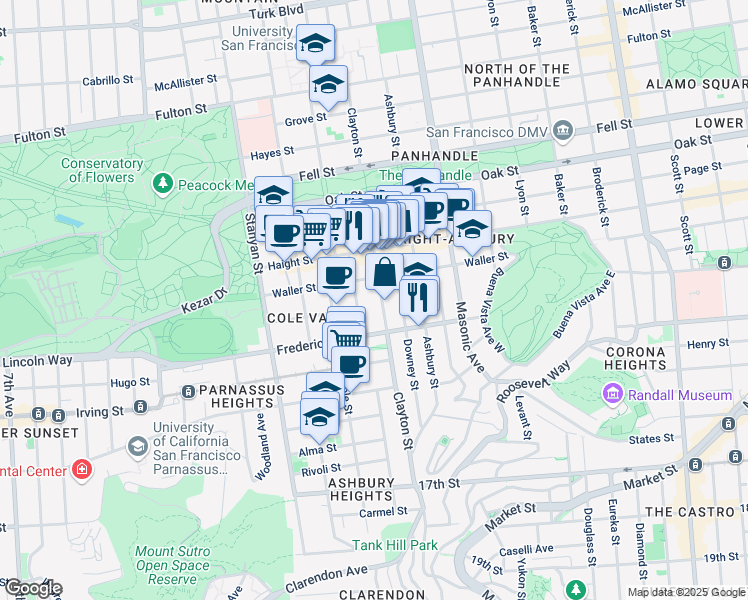 map of restaurants, bars, coffee shops, grocery stores, and more near 716 Clayton Street in San Francisco