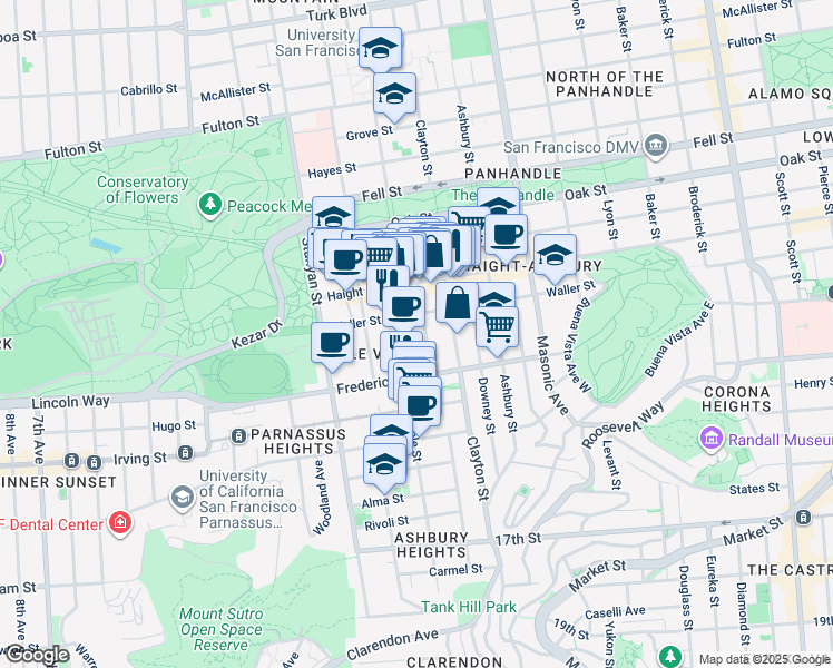 map of restaurants, bars, coffee shops, grocery stores, and more near 100 Belvedere Street in San Francisco