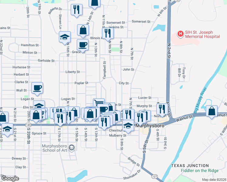 map of restaurants, bars, coffee shops, grocery stores, and more near 411 North 9th Street in Murphysboro