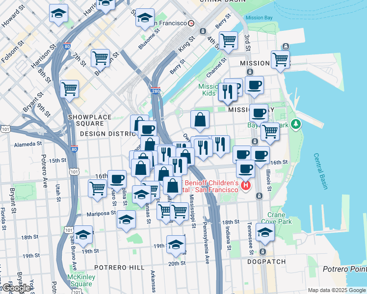 map of restaurants, bars, coffee shops, grocery stores, and more near 1600 Owens Street in San Francisco