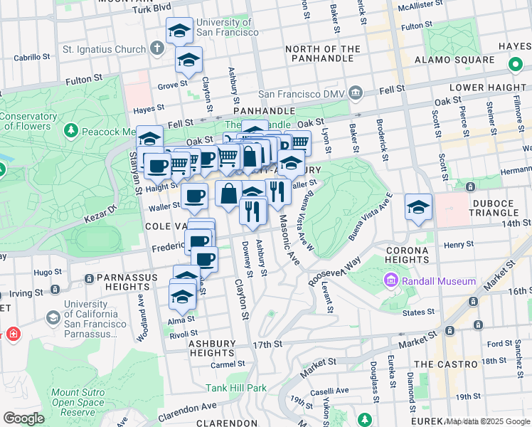 map of restaurants, bars, coffee shops, grocery stores, and more near 714 Ashbury Street in San Francisco