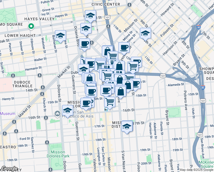 map of restaurants, bars, coffee shops, grocery stores, and more near 280 14th Street in San Francisco