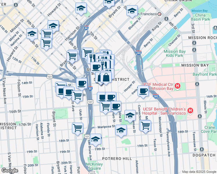 map of restaurants, bars, coffee shops, grocery stores, and more near 100 Rhode Island Street in San Francisco