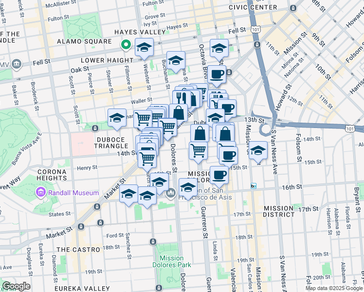 map of restaurants, bars, coffee shops, grocery stores, and more near 51 Rosemont Place in San Francisco