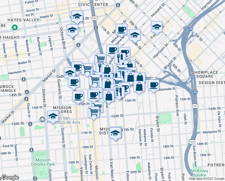 map of restaurants, bars, coffee shops, grocery stores, and more near 140 14th Street in San Francisco
