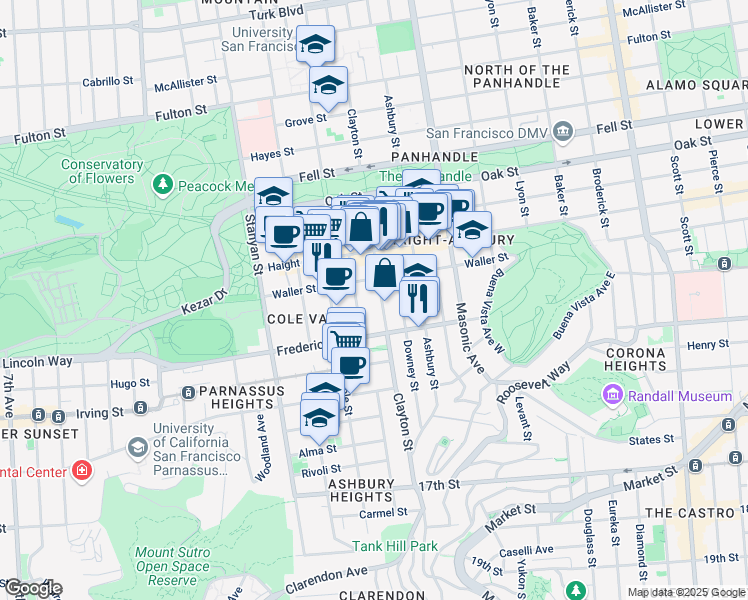 map of restaurants, bars, coffee shops, grocery stores, and more near 716 Clayton Street in San Francisco