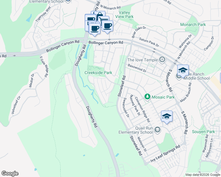 map of restaurants, bars, coffee shops, grocery stores, and more near 5125 Whetstone Way in San Ramon