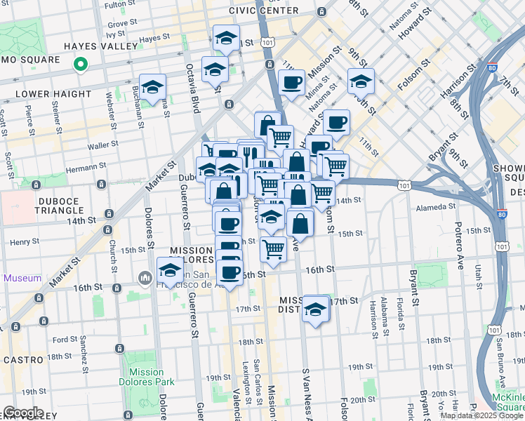 map of restaurants, bars, coffee shops, grocery stores, and more near 280 14th Street in San Francisco