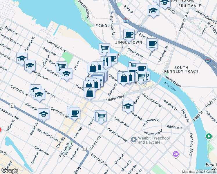 map of restaurants, bars, coffee shops, grocery stores, and more near 2417 Eagle Avenue in Alameda