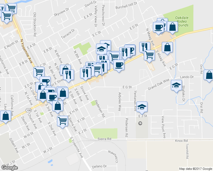 map of restaurants, bars, coffee shops, grocery stores, and more near 161 Hallman Lane in Oakdale