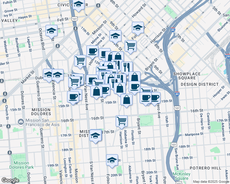 map of restaurants, bars, coffee shops, grocery stores, and more near 1812 Harrison Street in San Francisco