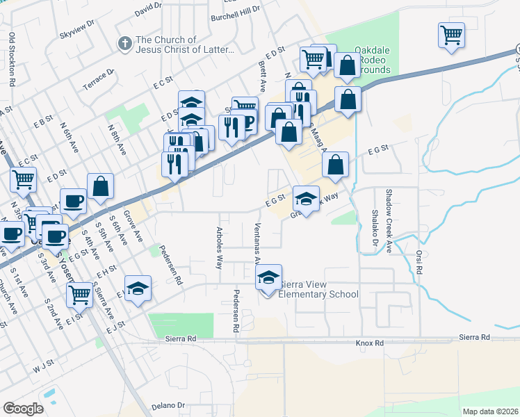 map of restaurants, bars, coffee shops, grocery stores, and more near East G Street & Ventanas Avenue in Oakdale
