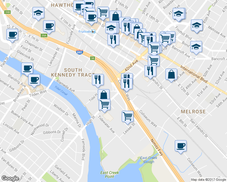 map of restaurants, bars, coffee shops, grocery stores, and more near 3998 East 8th Street in Oakland