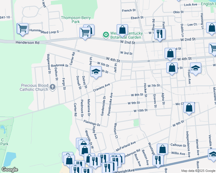 map of restaurants, bars, coffee shops, grocery stores, and more near 2700 Cravens Avenue in Owensboro