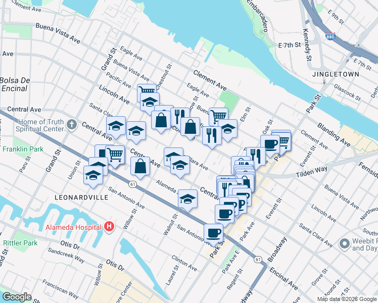 map of restaurants, bars, coffee shops, grocery stores, and more near 2136 Lincoln Avenue in Alameda