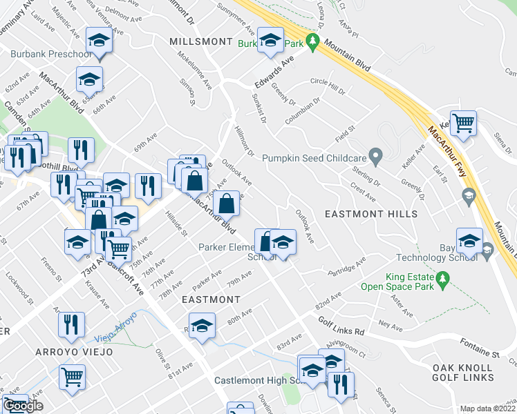 map of restaurants, bars, coffee shops, grocery stores, and more near 7700 Ney Avenue in Oakland