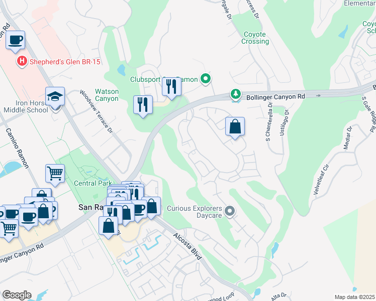 map of restaurants, bars, coffee shops, grocery stores, and more near 288 South Overlook Drive in San Ramon