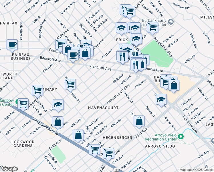 map of restaurants, bars, coffee shops, grocery stores, and more near 2512 64th Avenue in Oakland