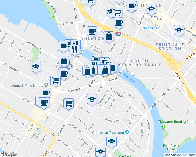 map of restaurants, bars, coffee shops, grocery stores, and more near 2601 Blanding Avenue in Alameda