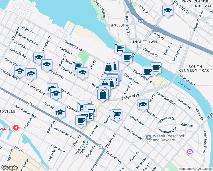 map of restaurants, bars, coffee shops, grocery stores, and more near 2310 Buena Vista Avenue in Alameda
