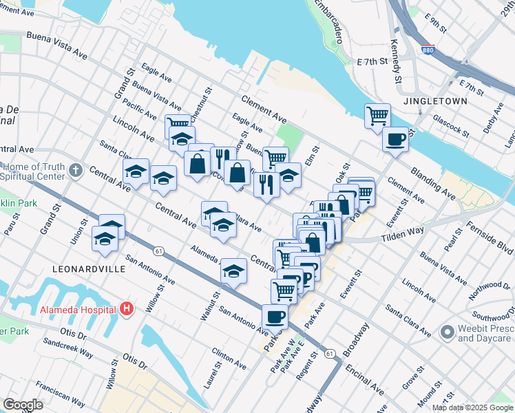 map of restaurants, bars, coffee shops, grocery stores, and more near 2171 Lincoln Avenue in Alameda