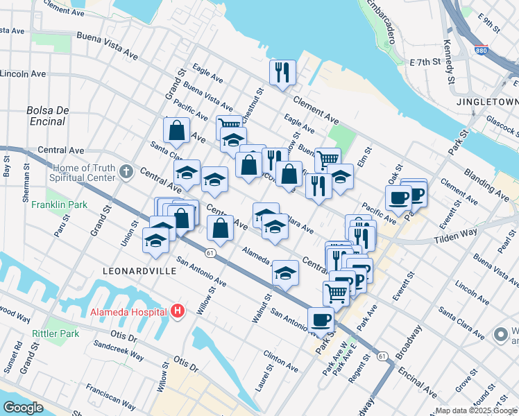 map of restaurants, bars, coffee shops, grocery stores, and more near 2109 Santa Clara Avenue in Alameda