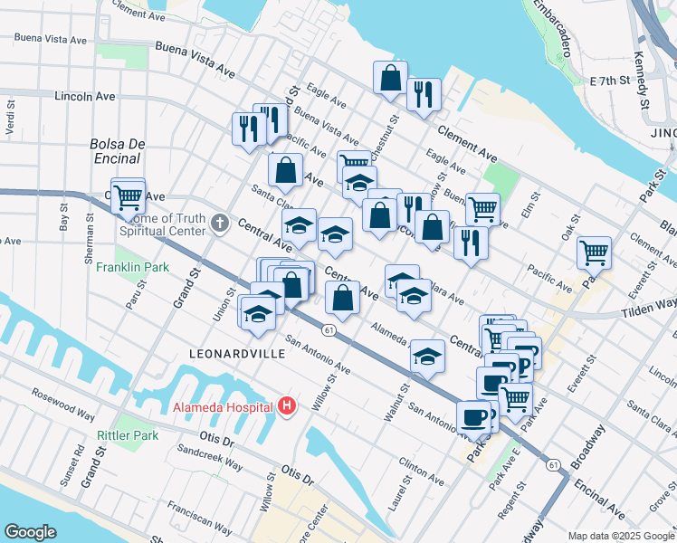 map of restaurants, bars, coffee shops, grocery stores, and more near 2025 Central Avenue in Alameda