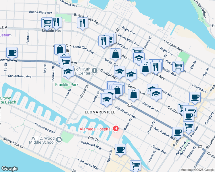 map of restaurants, bars, coffee shops, grocery stores, and more near 1220 Union Street in Alameda