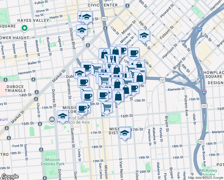 map of restaurants, bars, coffee shops, grocery stores, and more near 288 South Van Ness Avenue in San Francisco
