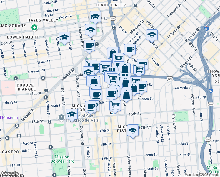 map of restaurants, bars, coffee shops, grocery stores, and more near 280 14th Street in San Francisco