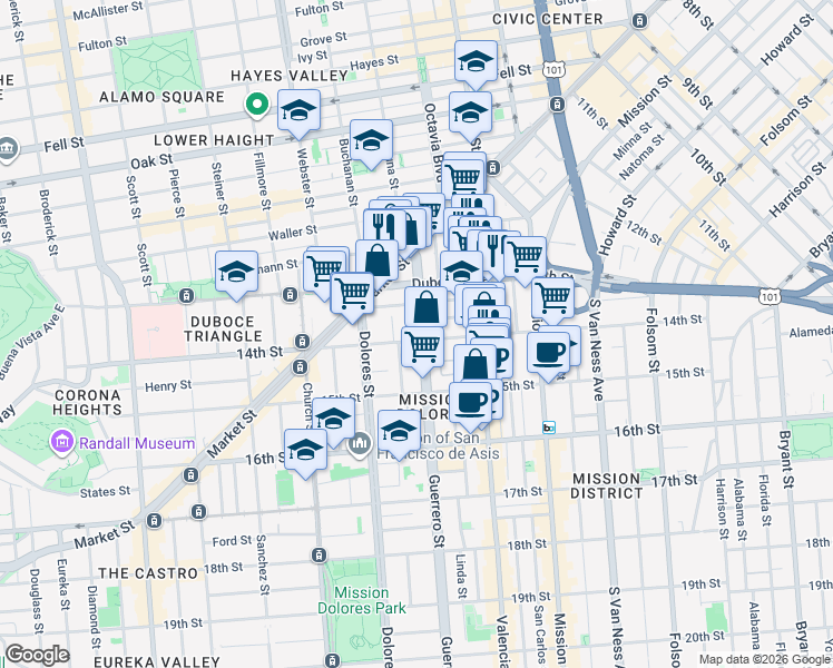 map of restaurants, bars, coffee shops, grocery stores, and more near 85B-B Brosnan Street in San Francisco