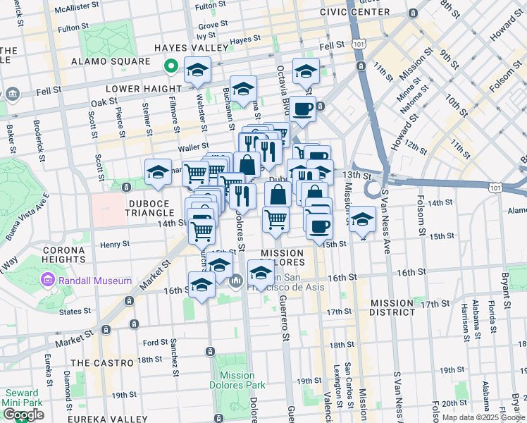 map of restaurants, bars, coffee shops, grocery stores, and more near 51 Rosemont Place in San Francisco