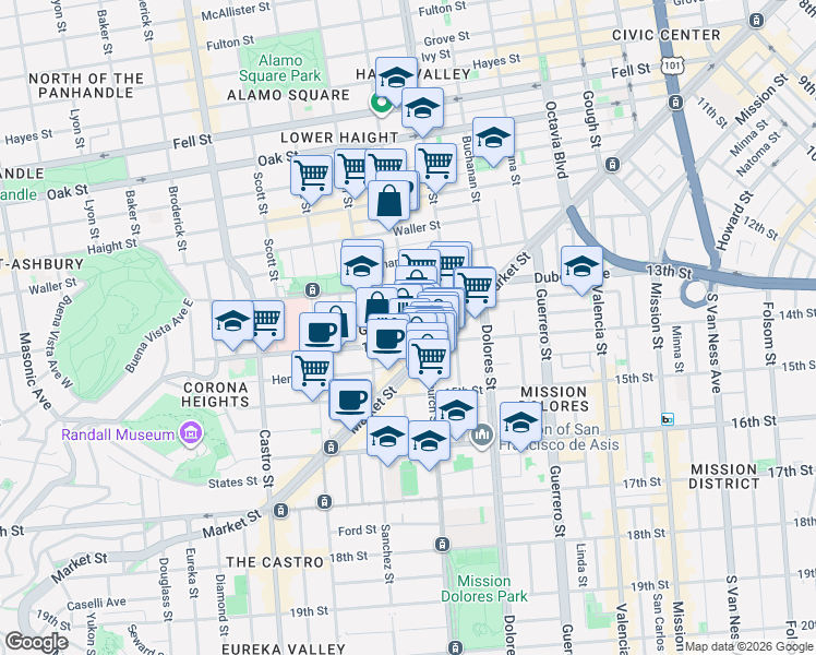 map of restaurants, bars, coffee shops, grocery stores, and more near in San Francisco